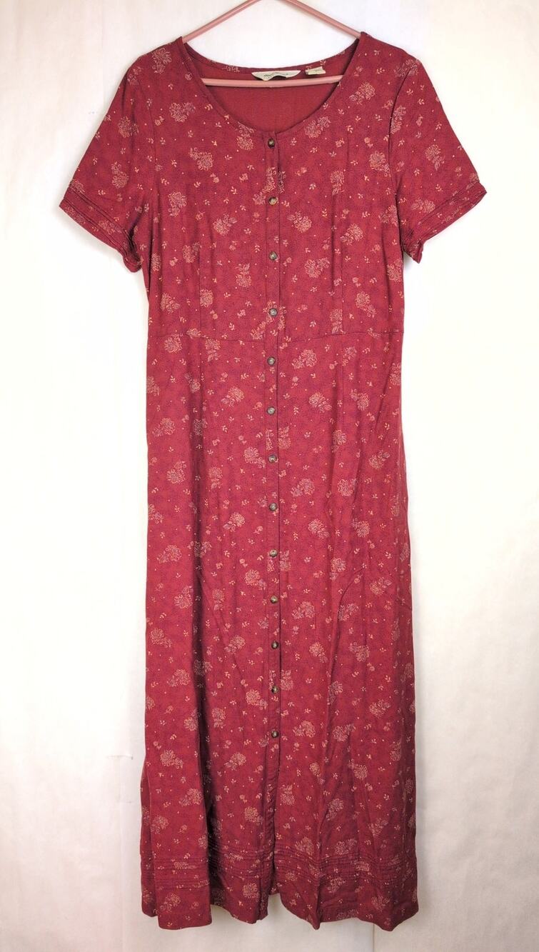 Vintage Eddie Bauer floral shirt maxi dress Sz L Tall Maroon 90s Dutton Country